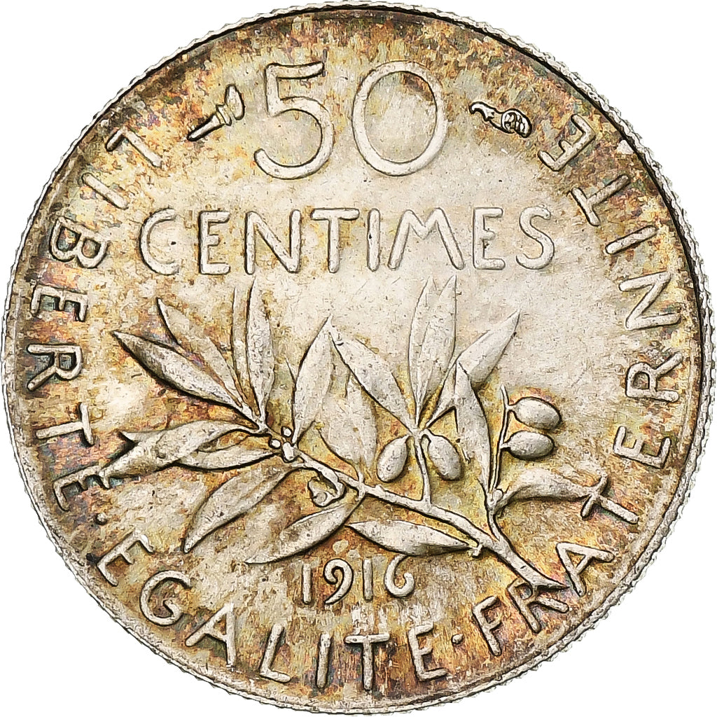 Francia, Semeuse, 50 Centimes, 1916, Paris, MBC+, Plata, KM:854, Gadoury:420, Le