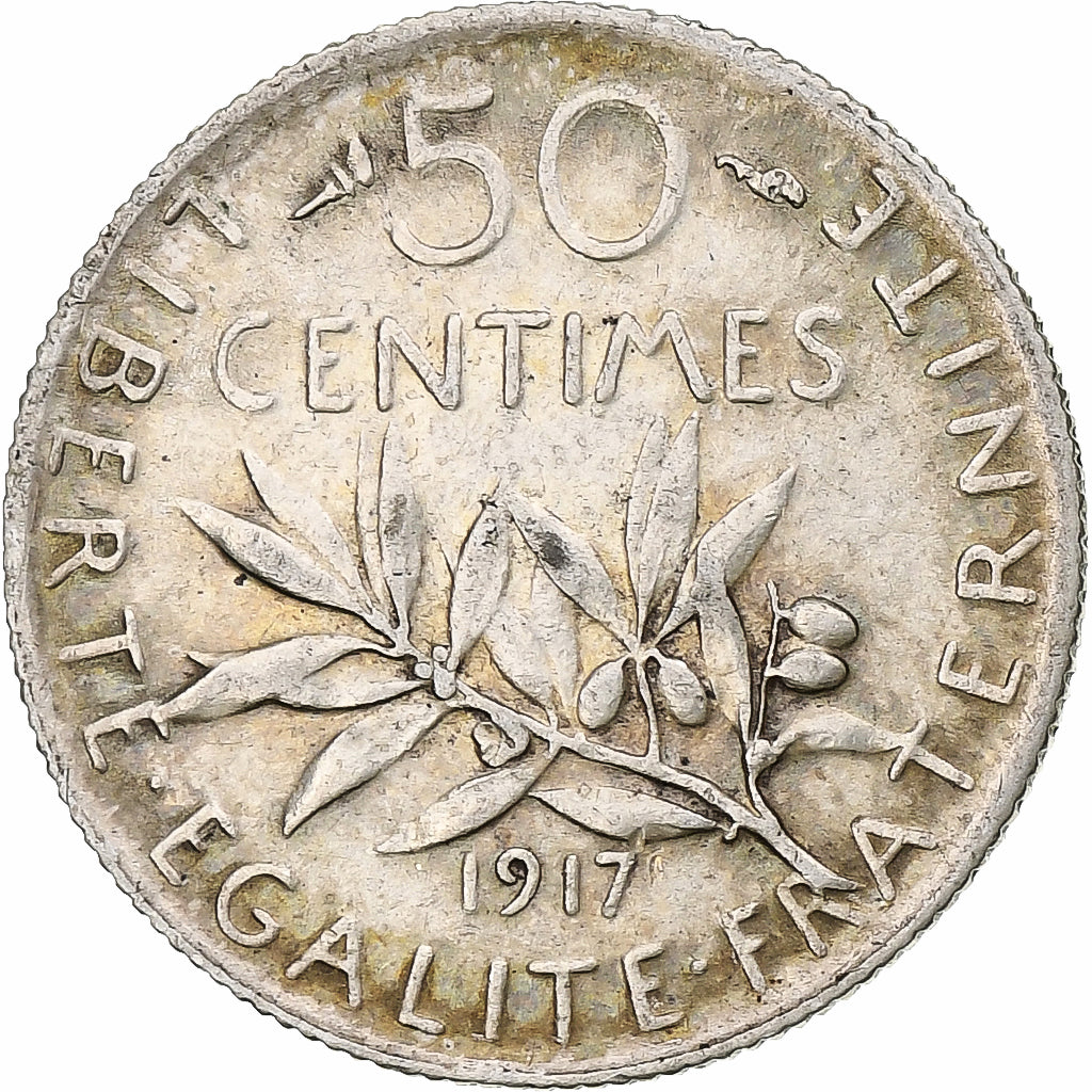 Francia, Semeuse, 50 Centimes, 1917, Paris, MBC, Plata, KM:854, Gadoury:420