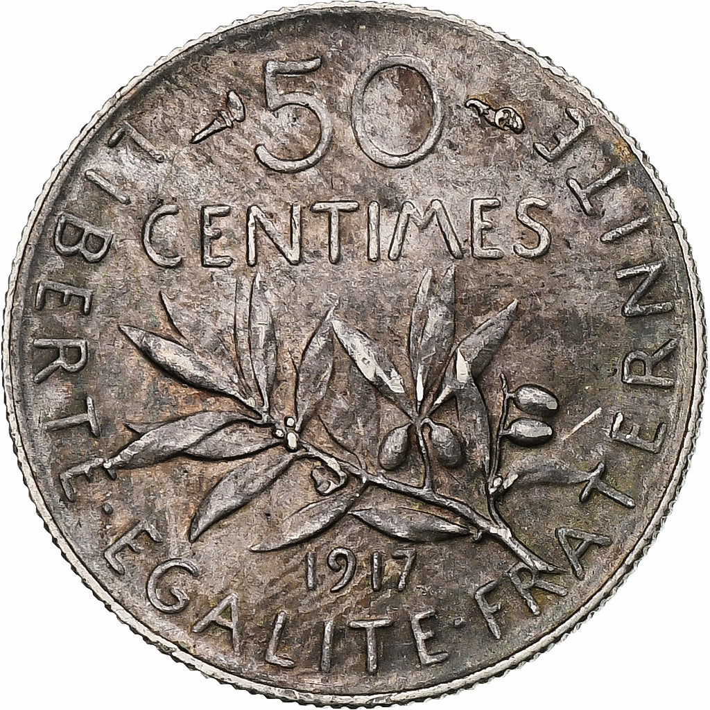 Moneda, Francia, Semeuse, 50 Centimes, 1917, Paris, MBC+, Plata, KM:854