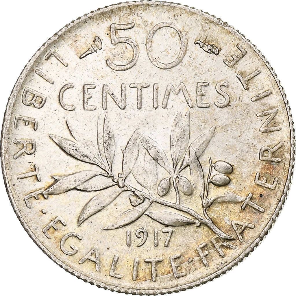 France, Semeuse, 50 Centimes, 1917, Paris, AU(55-58), Silver, KM:854