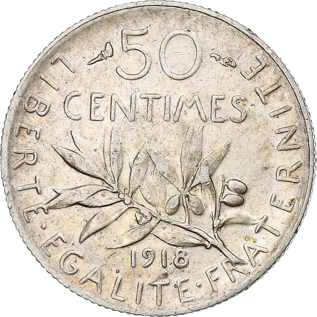 Francia, Semeuse, 50 Centimes, 1918, Paris, MBC, Plata, KM:854, Le Franc:F.190