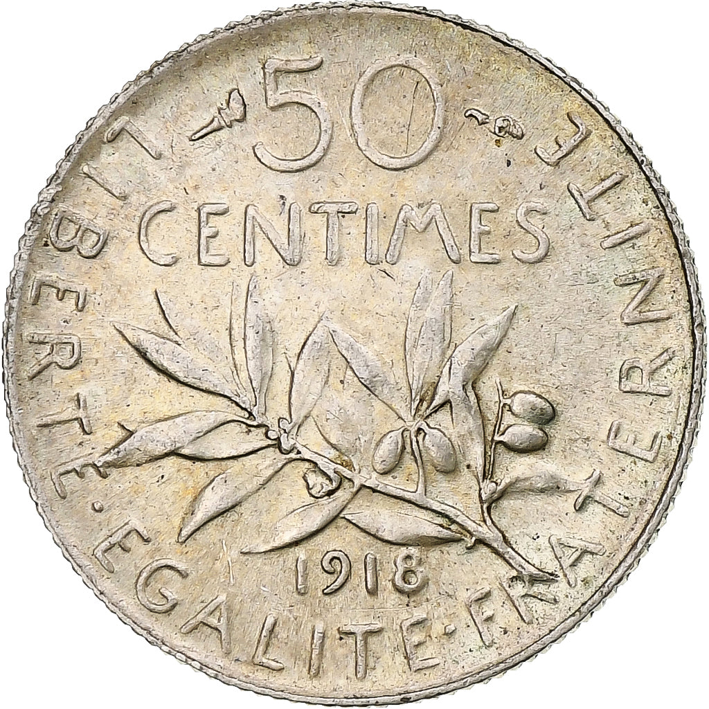 Francia, Semeuse, 50 Centimes, 1918, Paris, MBC+, Plata, KM:854, Le Franc:F.190