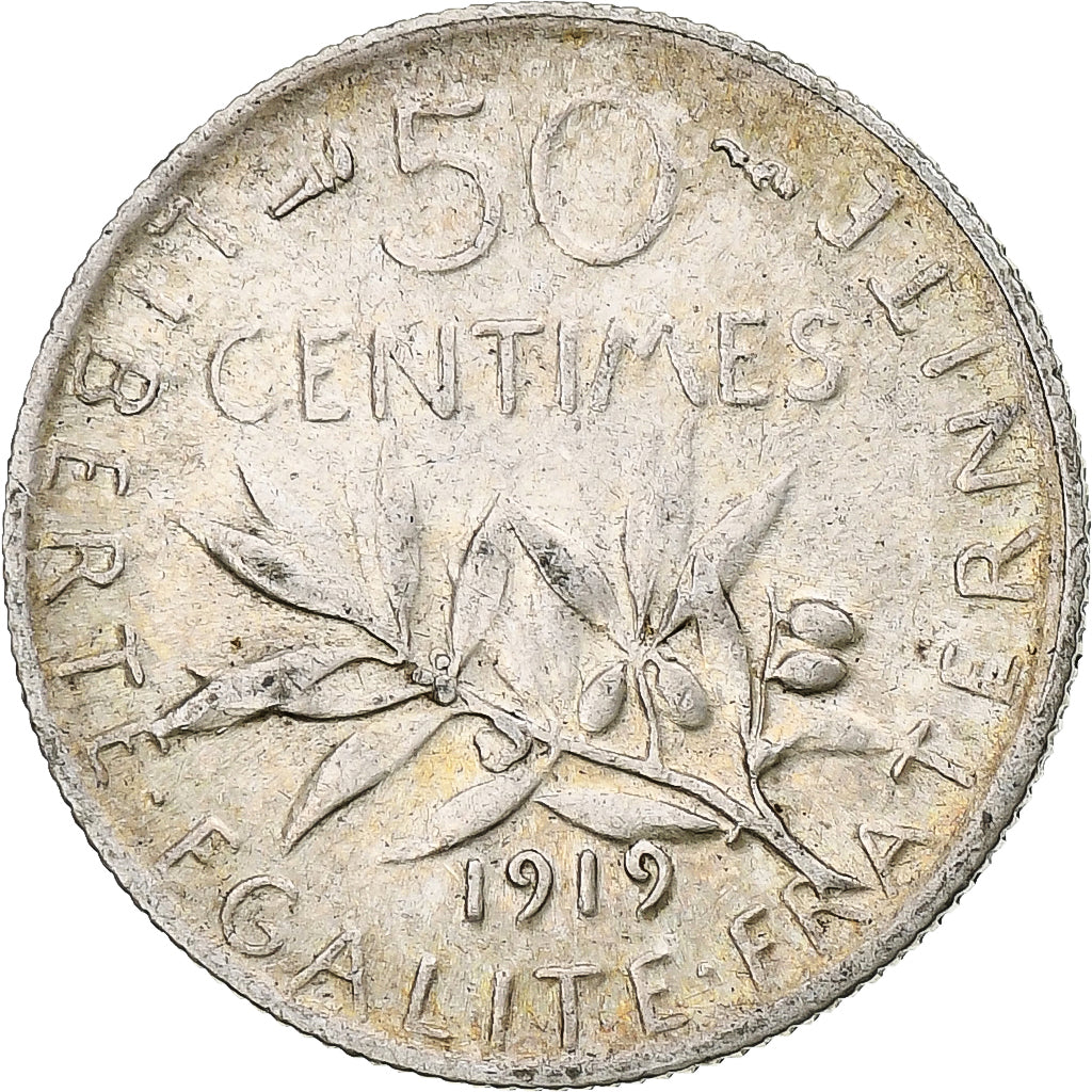 Francia, Semeuse, 50 Centimes, 1919, Paris, MBC, Plata, KM:854, Gadoury:429, Le