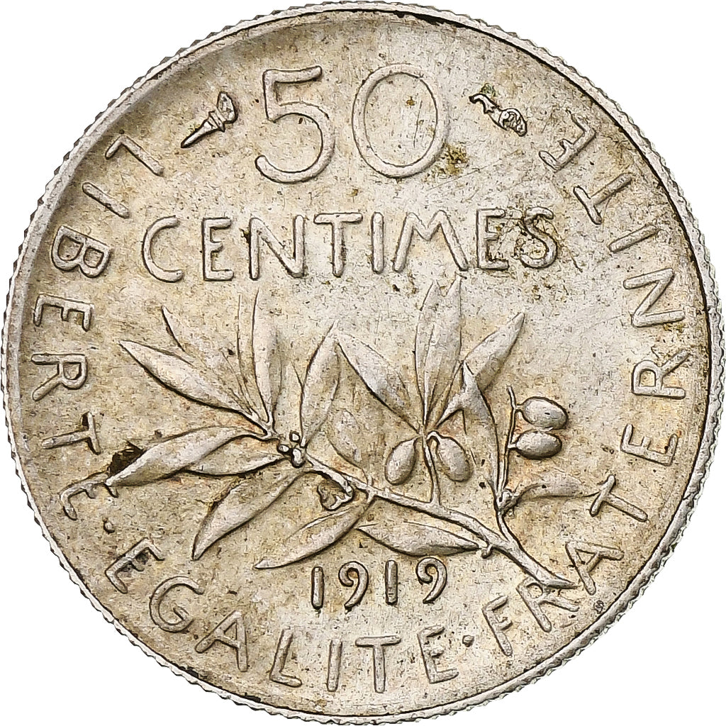 Francia, Semeuse, 50 Centimes, 1919, Paris, MBC+, Plata, KM:854, Gadoury:429, Le