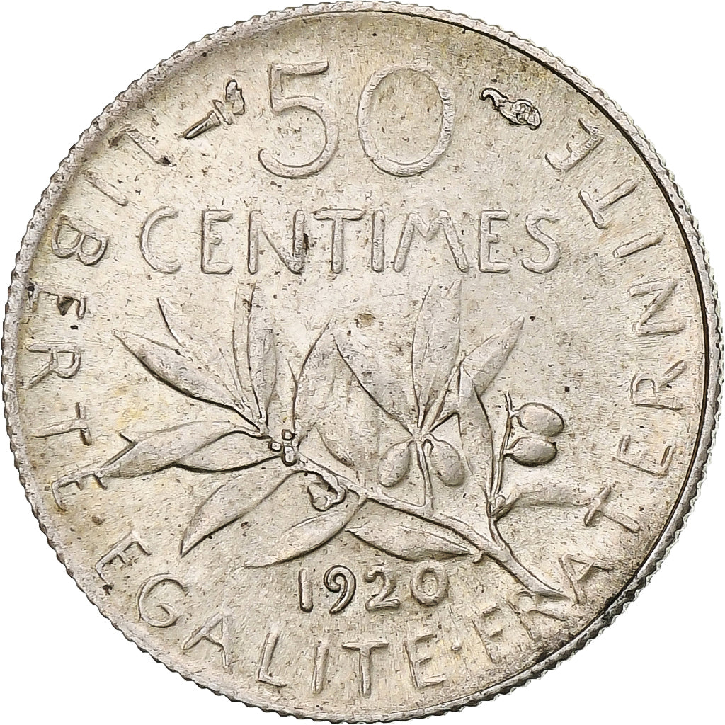 Francia, Semeuse, 50 Centimes, 1920, Paris, MBC+, Plata, KM:854, Gadoury:420, Le