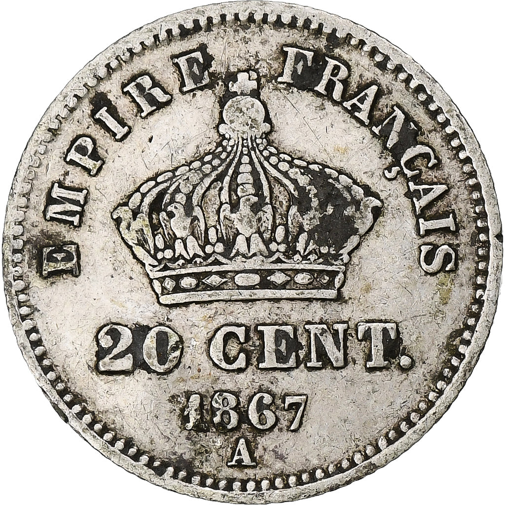 France, Napoleon III, 20 Centimes, 1867, Paris, VF(30-35), Silver, KM:808.1, Le