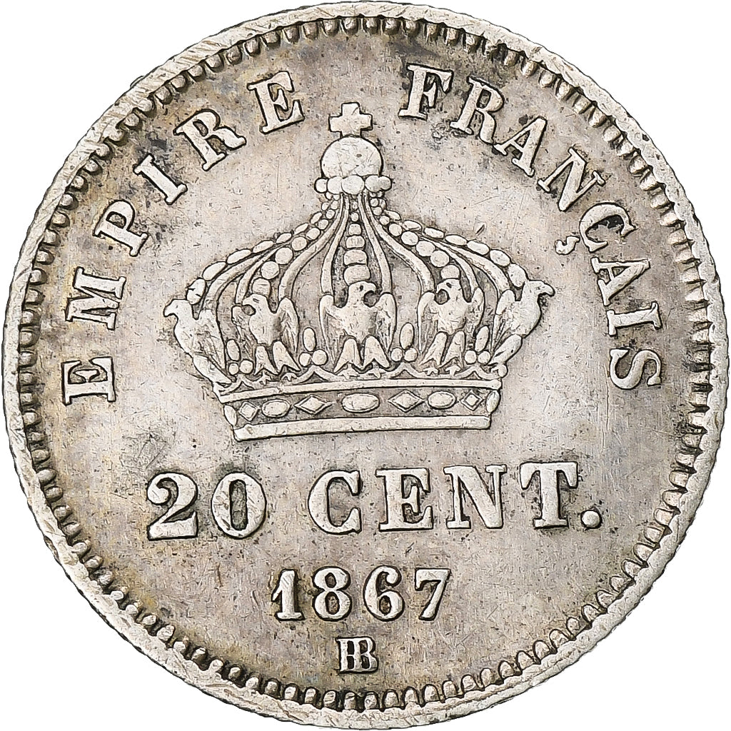 France, Napoleon III, 20 Centimes, 1867, Strasbourg, EF(40-45), Silver