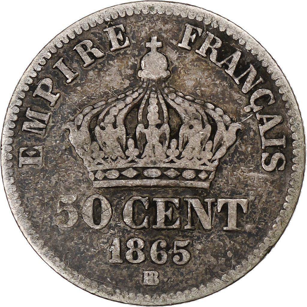France, Napoleon III, Napoléon III, 50 Centimes, 1865, Strasbourg, B+, Argent