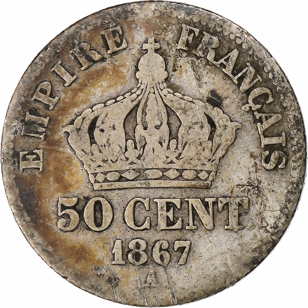 France, Napoleon III, 50 Centimes, 1867, Paris, B+, Argent, Gadoury:417