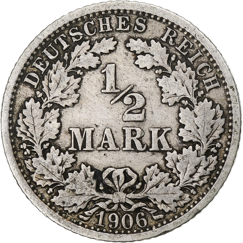 GERMANY - EMPIRE, 1/2 Mark, 1906, Stuttgart, VF(30-35), Silver, KM:17