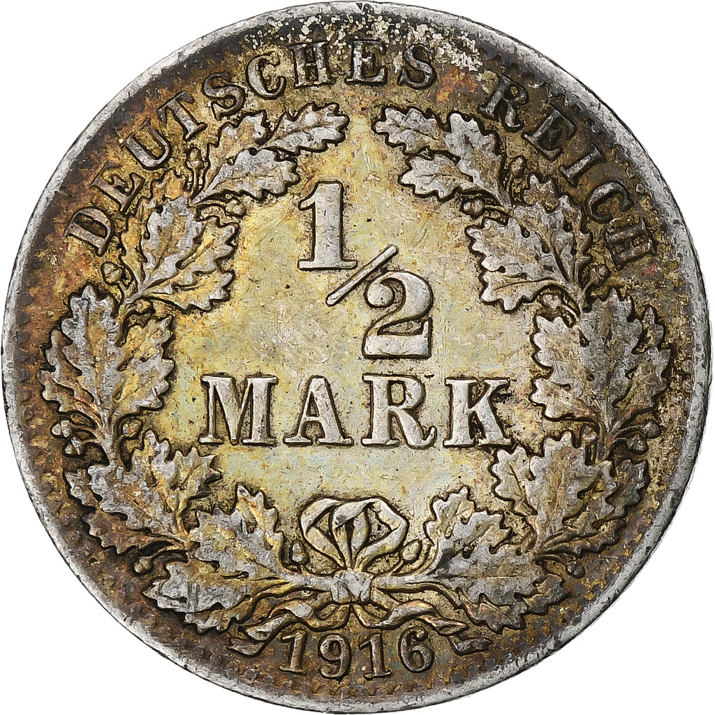 ALEMANIA - IMPERIO, 1/2 Mark, 1916, Berlin, BC+, Plata, KM:17