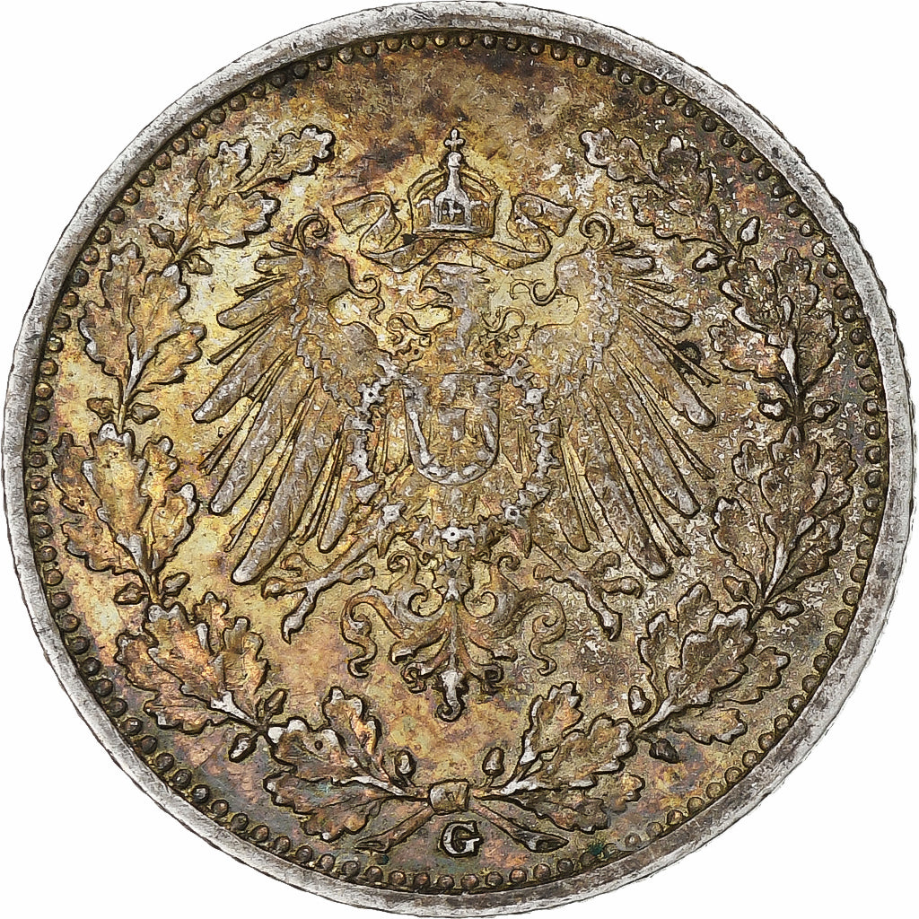 GERMANY - EMPIRE, 1/2 Mark, 1915, Karlsruhe, AU(50-53), Silver, KM:17