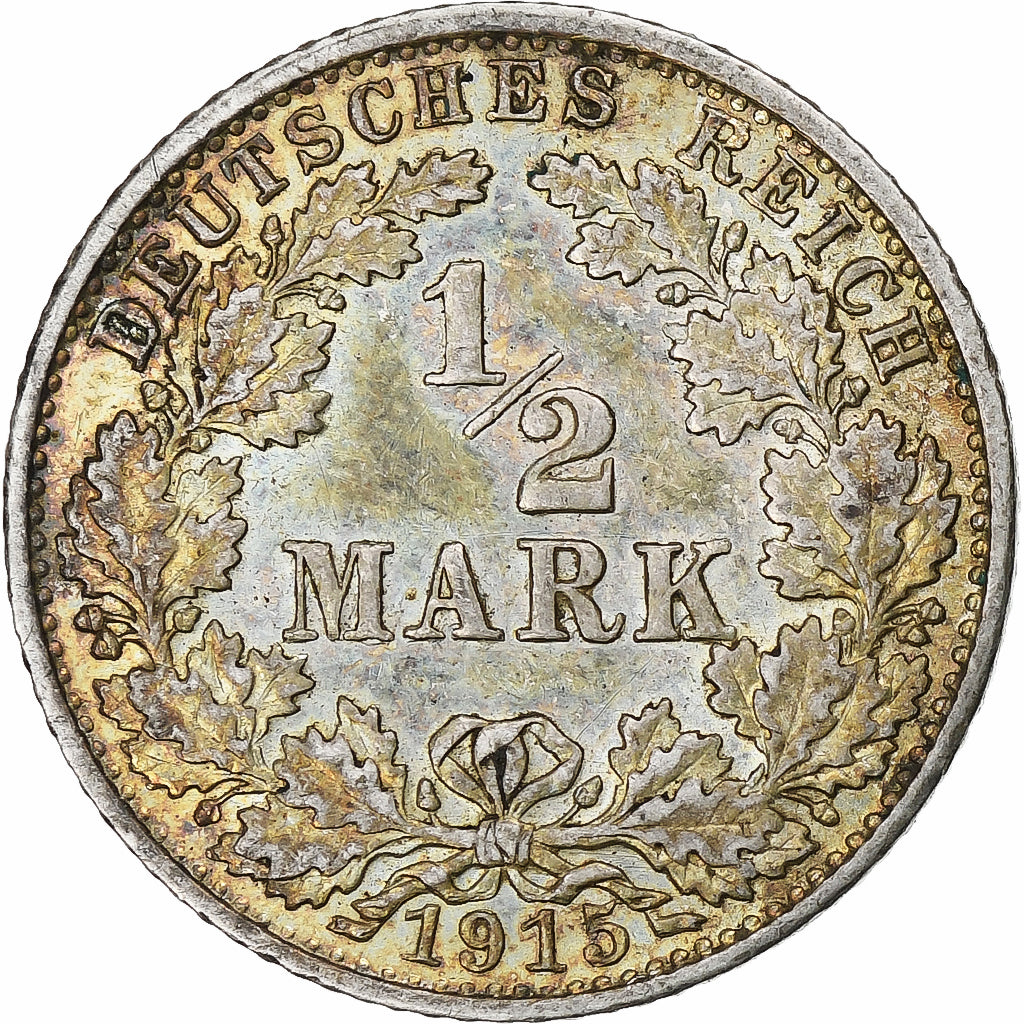 GERMANY - EMPIRE, 1/2 Mark, 1915, Karlsruhe, AU(50-53), Silver, KM:17
