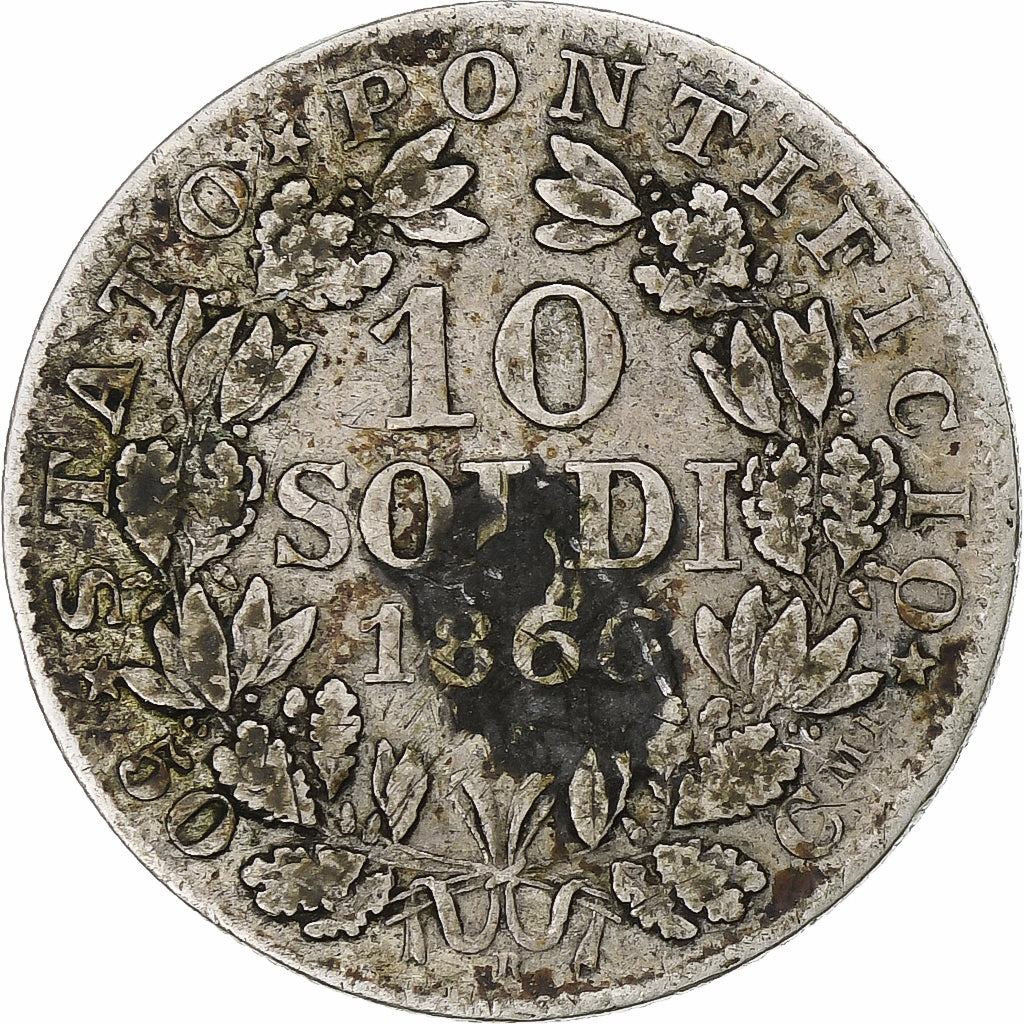 STATI ITALIANI, PAPAL STATES, Pius IX, 10 Soldi, 50 Centesimi, 1866, Roma, MB+