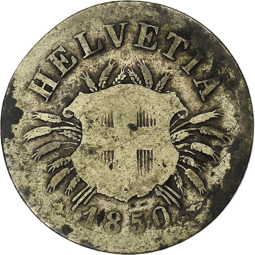 Suiza, 5 Rappen, 1850, Strasbourg, BC, Vellón, KM:5