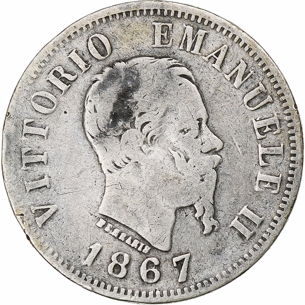 Itália, Vittorio Emanuele II, 50 Centesimi, 1867, Naples, F(12-15), Prata