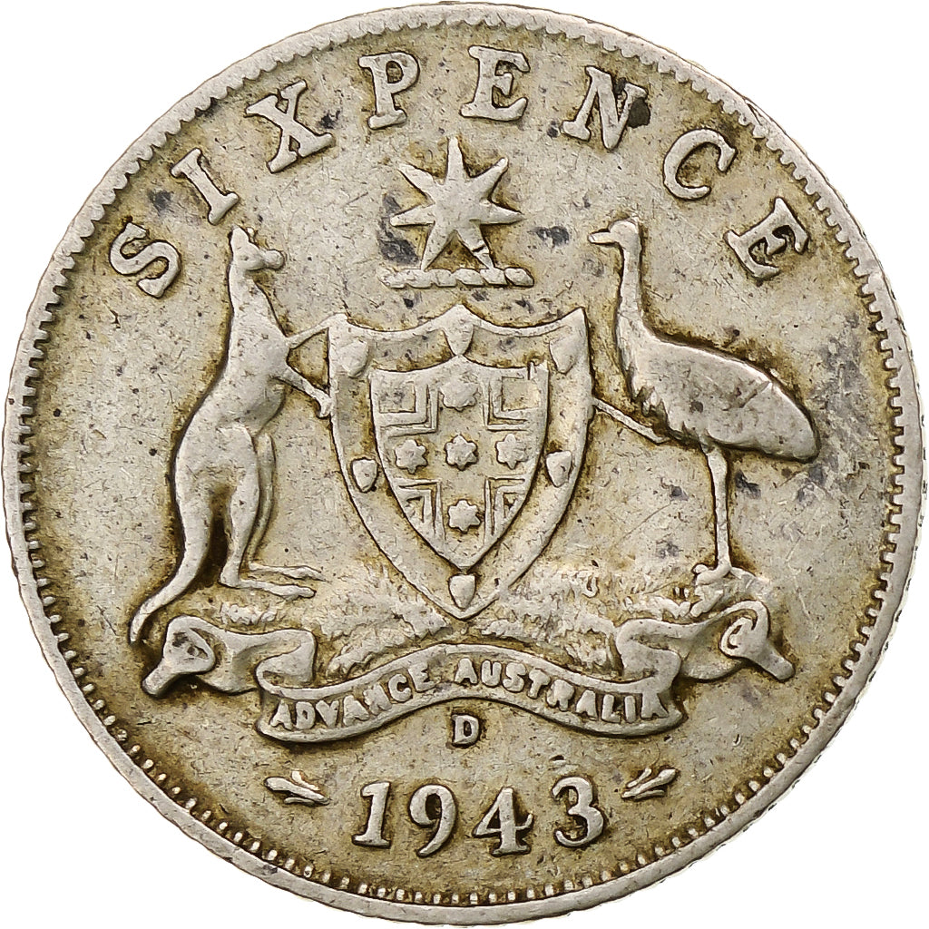 Australia, George VI, Sixpence, 1943, Denver, BB, Argento, KM:38