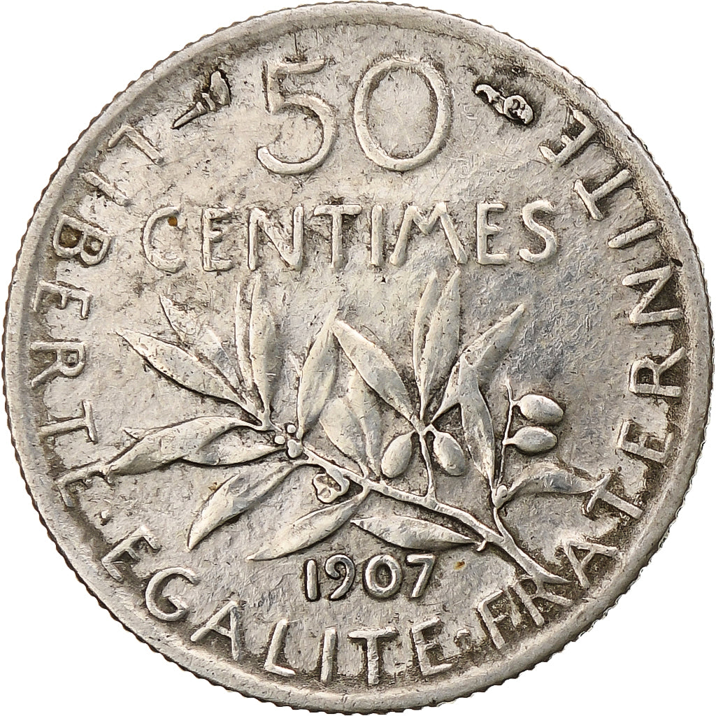 Francia, Semeuse, 50 Centimes, 1907, Paris, MBC, Plata, KM:854, Gadoury:420