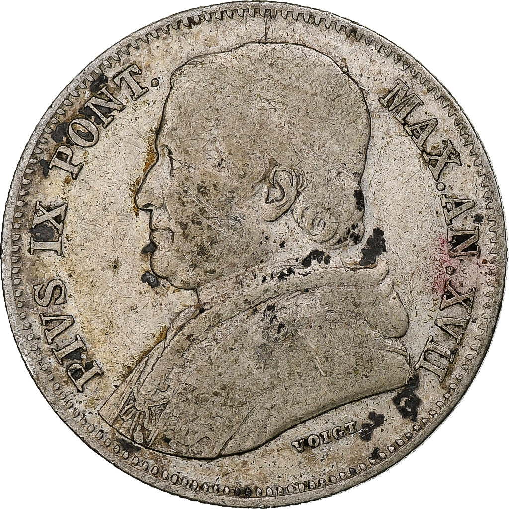 STATI ITALIANI, PAPAL STATES, Pius IX, 20 Baiocchi, 1862, Rome, MB, Argento