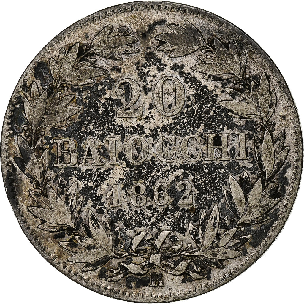 STATI ITALIANI, PAPAL STATES, Pius IX, 20 Baiocchi, 1862, Rome, MB, Argento