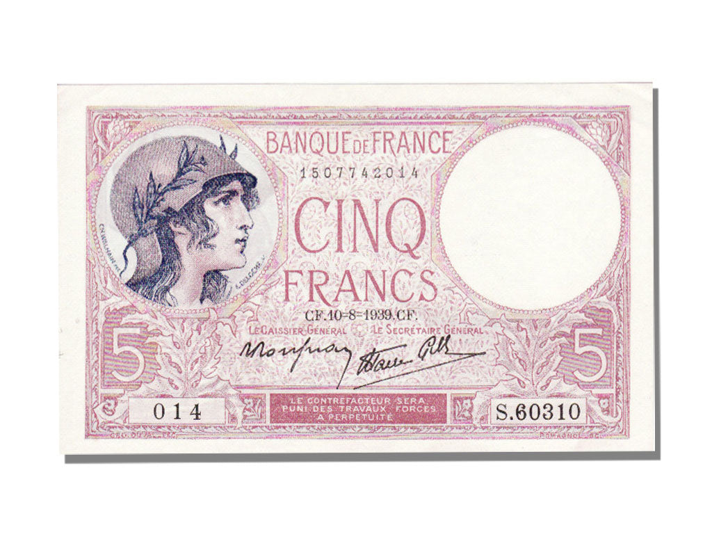 France, 5 Francs, 5 F 1917-1940 ''Violet'', 1939, KM #83, 1939-08-10,...