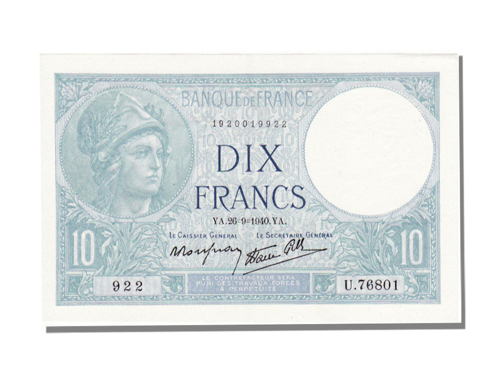 France, 10 Francs, 10 F 1916-1942 ''Minerve'', 1940, KM #84, 1940-09-26,...
