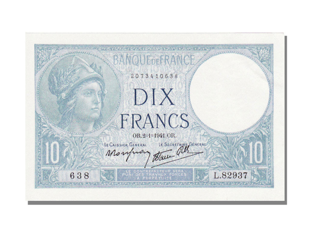 Banconote, Francia, 5 Francs, 10 F 1916-1942 ''Minerve'', 1941, 1941-01-02, FDS