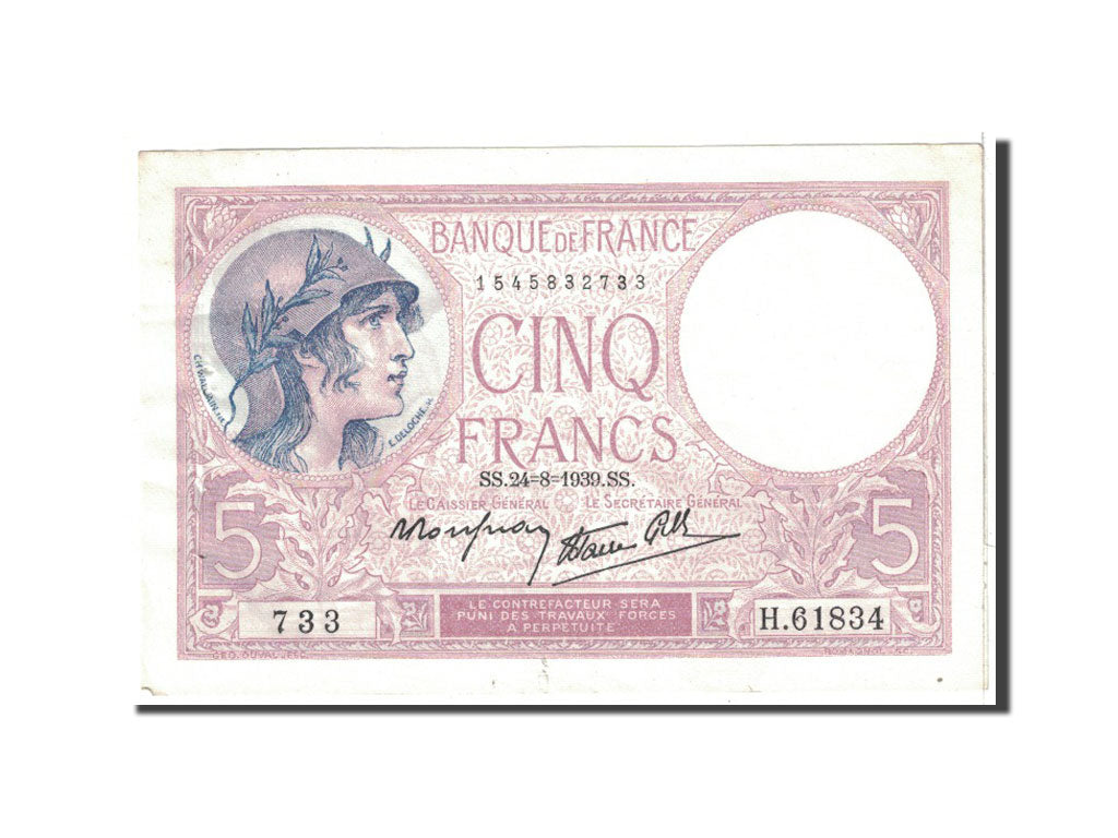 Banknote, France, 5 Francs, 1939, 1939-08-24, AU(50-53), Fayette:4.7, KM:83