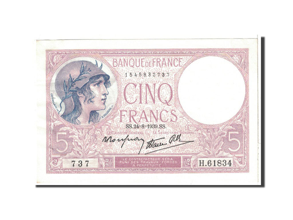 Biljet, Frankrijk, 5 Francs, 1939, 1939-08-24, SUP, Fayette:4.7, KM:83