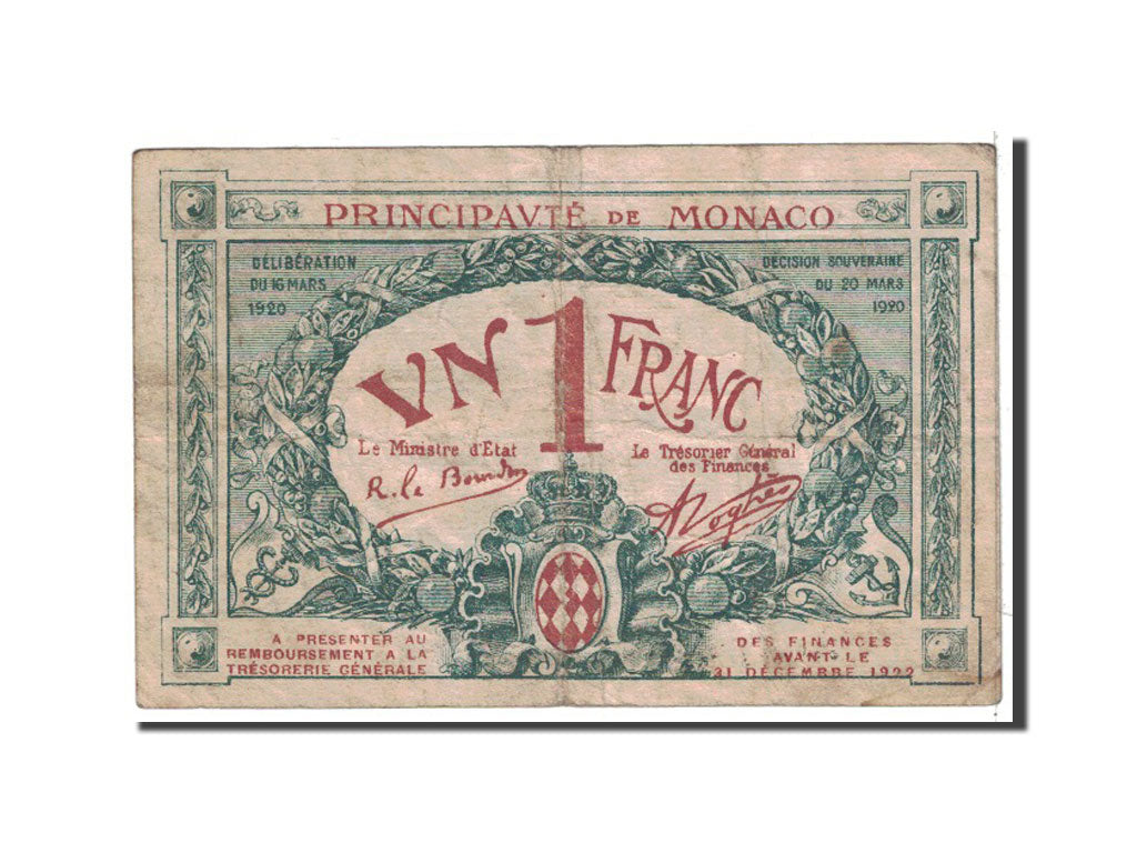 Monaco, 1 Franc, 1920, KM:4a, VF(30-35)