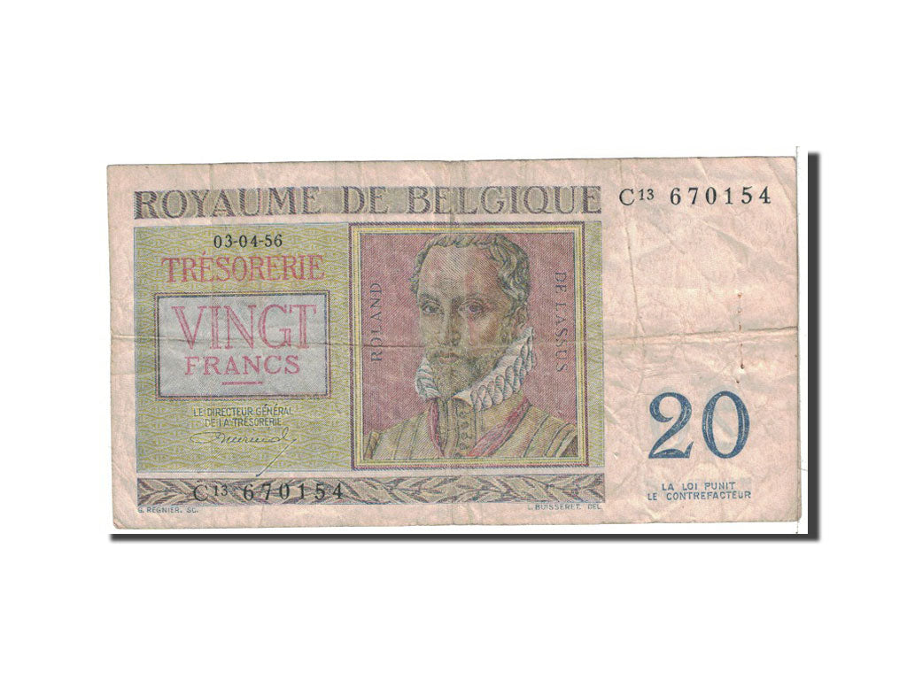 Banknote, Belgium, 20 Francs, 1956, 1956-04-03, KM:132b, VF(20-25)