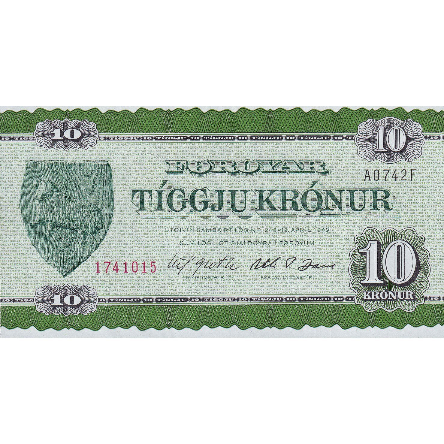 Banknote, Faeroe Islands, 10 Kronur, 1949, 1949-04-12, KM:14c, UNC(65-70)