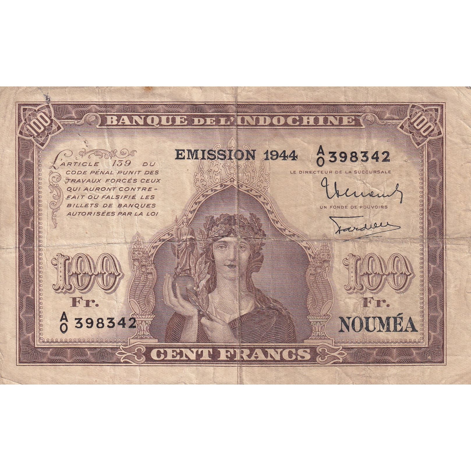 Nota, Nova Caledónia, 100 Francs, 1942, Undated (1942), KM:46b, VF(20-25)