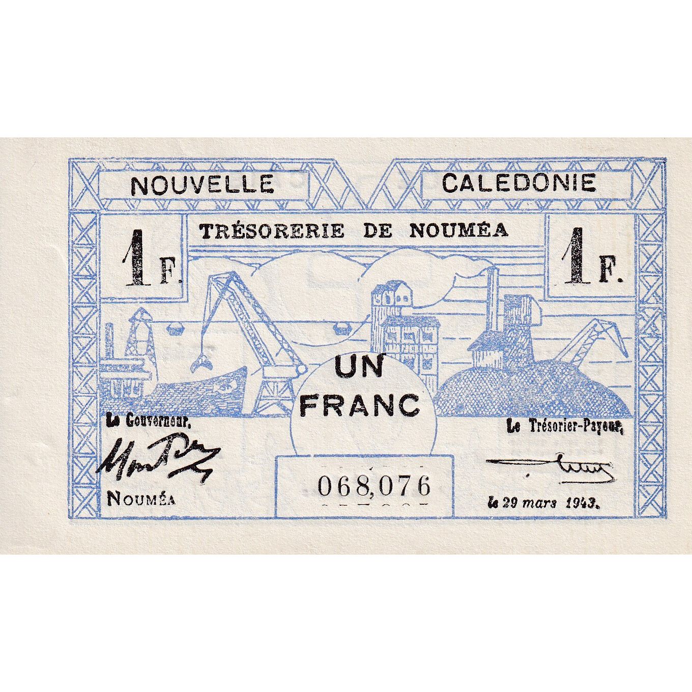 Nota, Nova Caledónia, 1 Franc, 1943, 1943-03-29, KM:55a, UNC(65-70)
