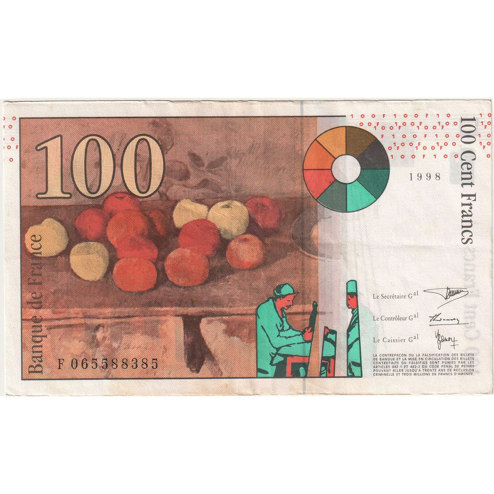 França, 100 Francs, Cézanne, 1998, 065588385, AU(50-53), Fayette:74.2, KM:158a