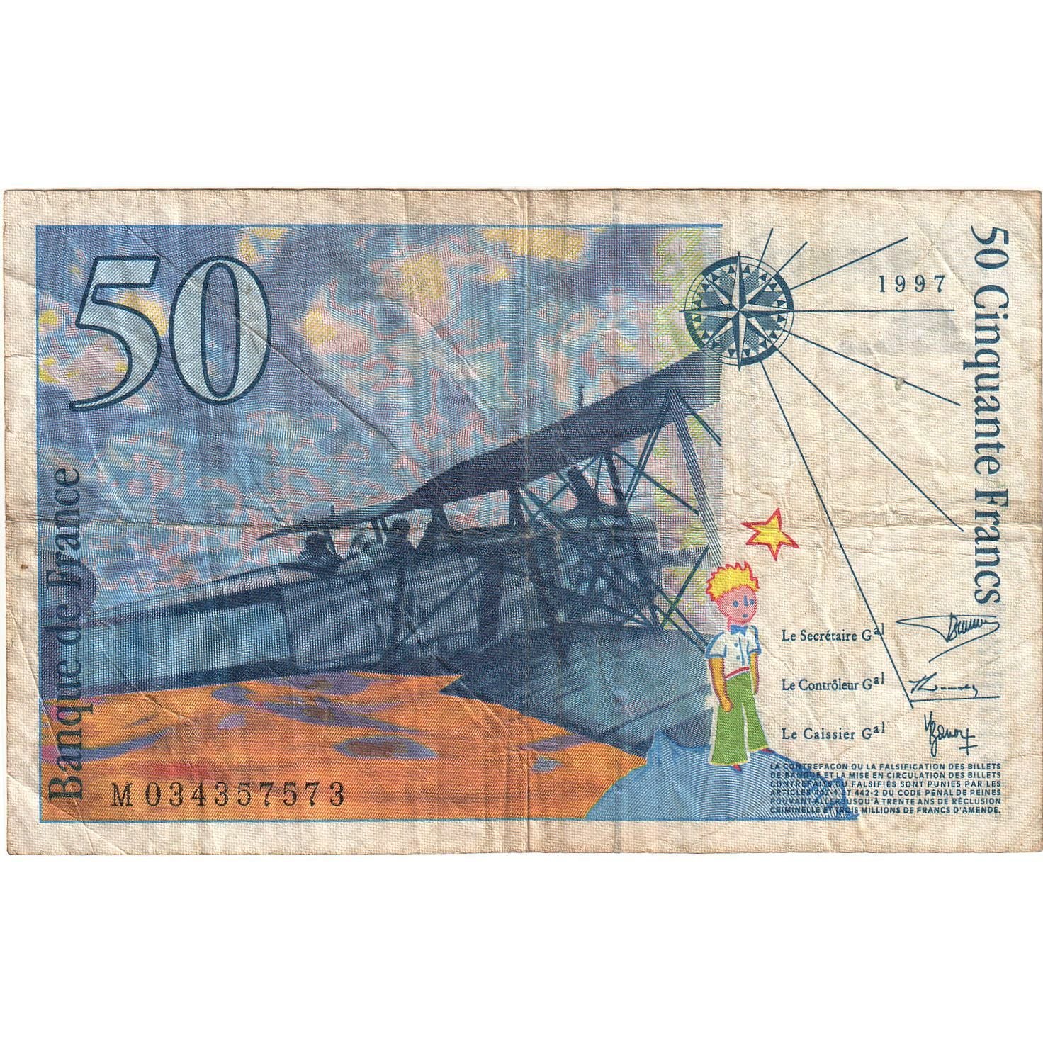 Francja, 50 Francs, St Exupéry, 1997, M034357573, VF(20-25), Fayette:73.4
