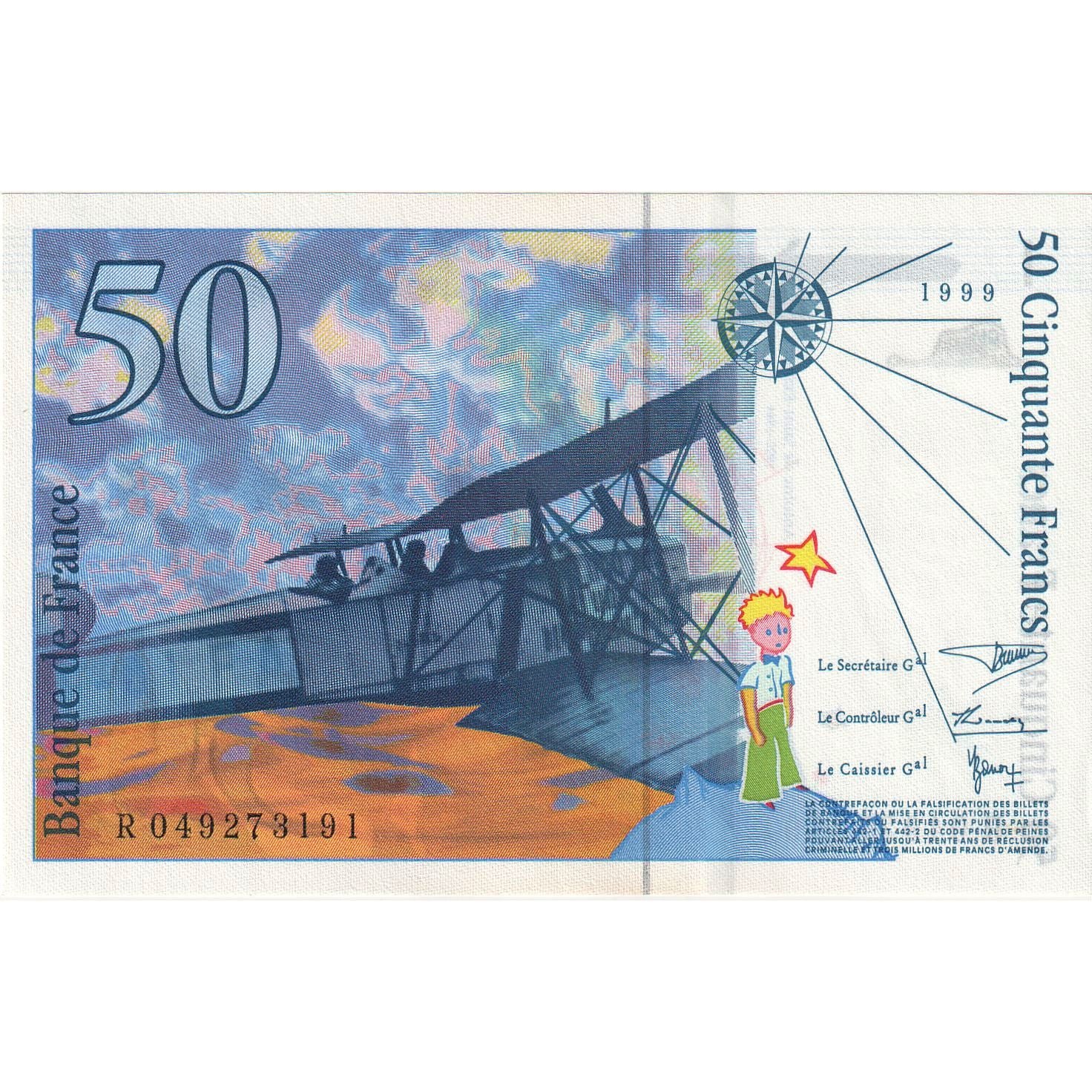 França, 50 Francs, St Exupéry, 1999, R049273191, UNC(65-70), Fayette:73.5