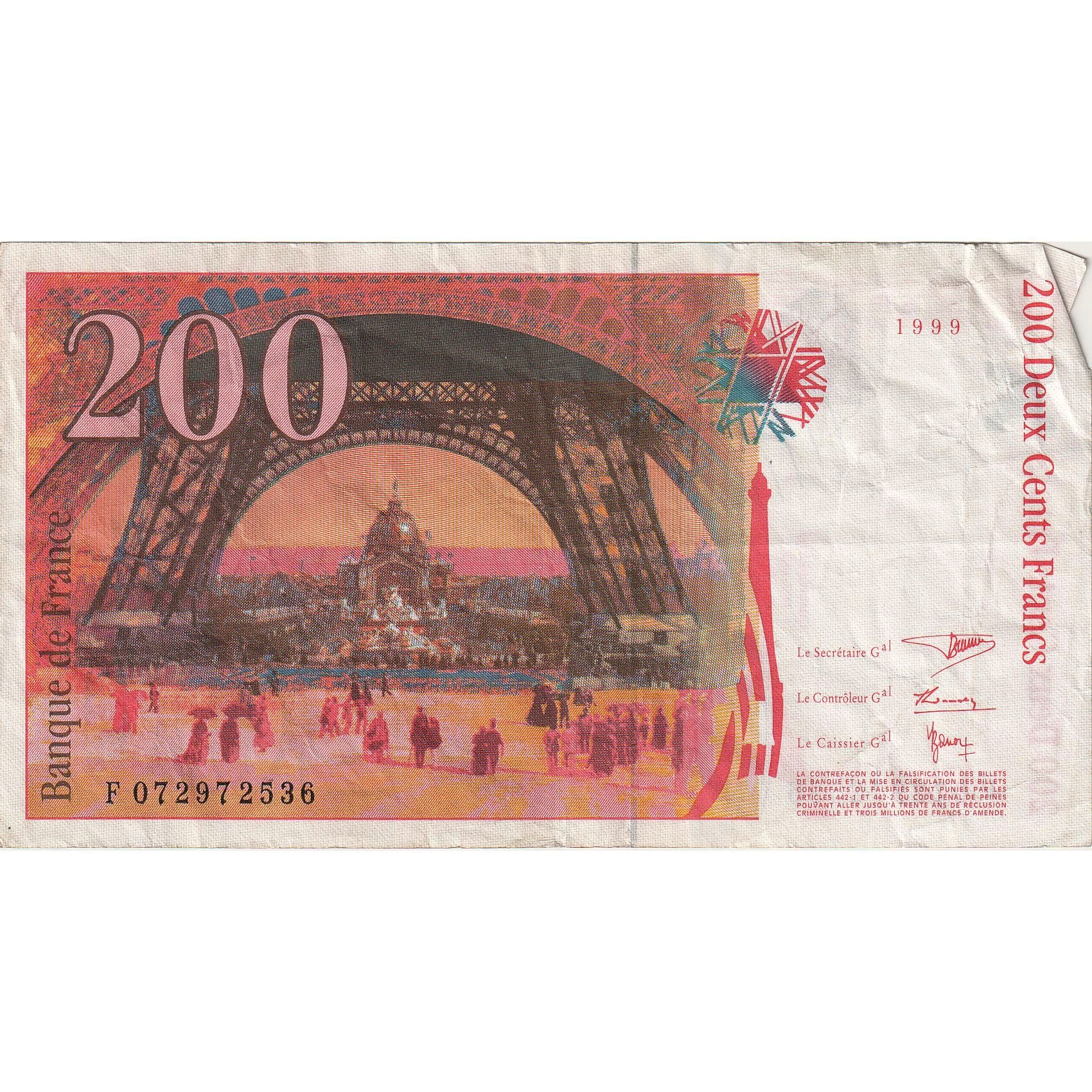 França, 200 Francs, Eiffel, 1999, F072972536, AU(50-53), Fayette:75.5, KM:159b