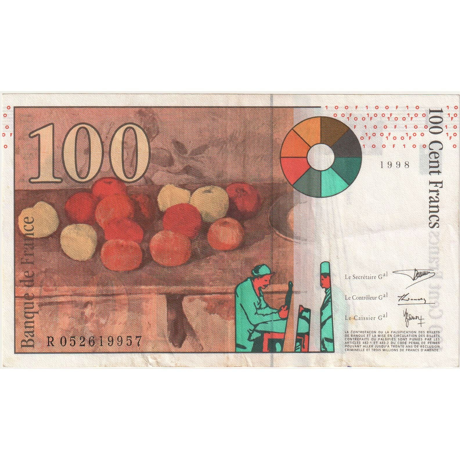 France, 100 Francs, Cézanne, 1998, R052619957, AU(50-53), Fayette:74.2, KM:158a