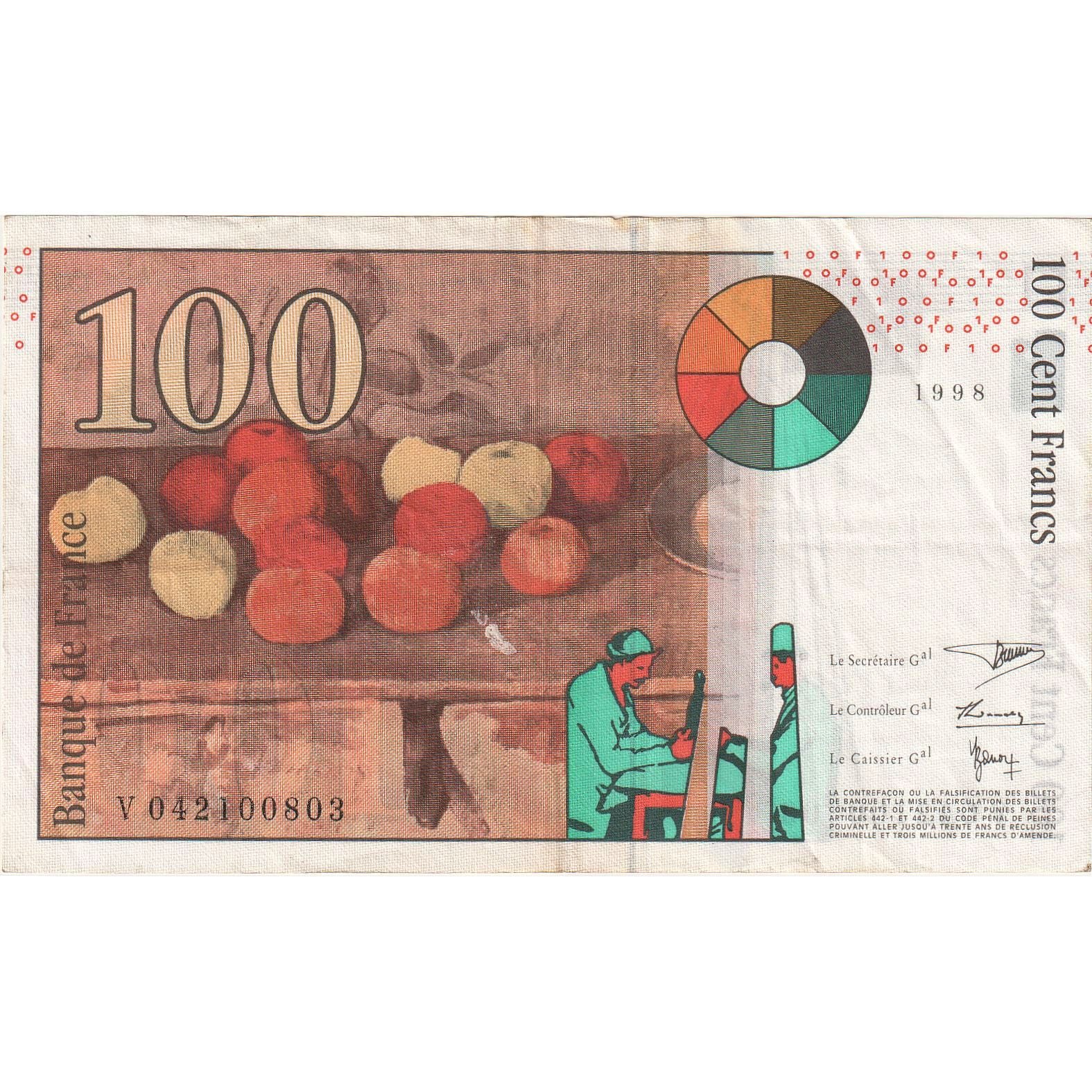 Francia, 100 Francs, Cézanne, 1998, V042100803, BB+, Fayette:74.2, KM:158a