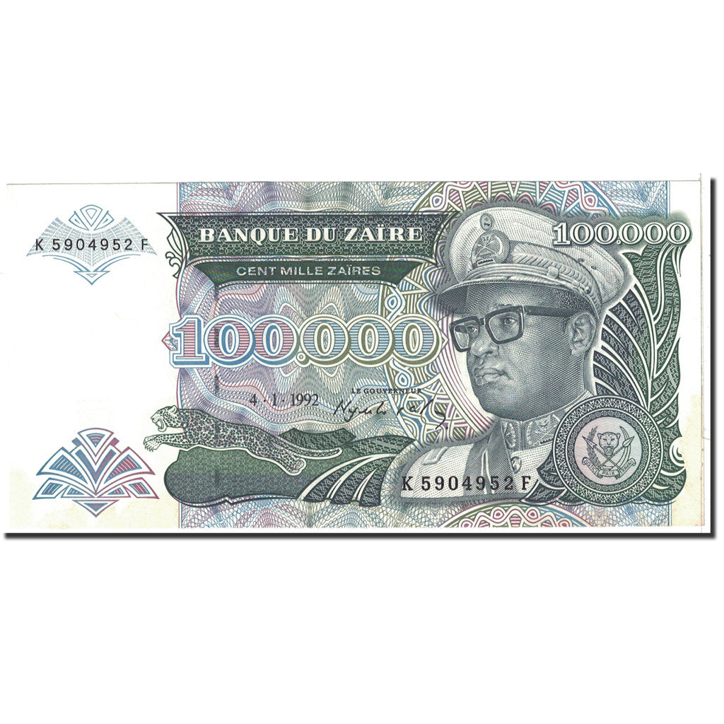 Banknote, Zaire, 100,000 Zaïres, 1992, 1992-01-04, KM:41a, UNC(63)