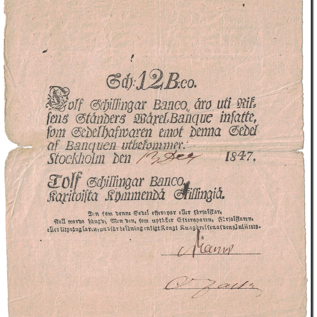 Banknote, Sweden, 12 Schillingar Banco, 1847, Undated, KM:A101a, VF(20-25)