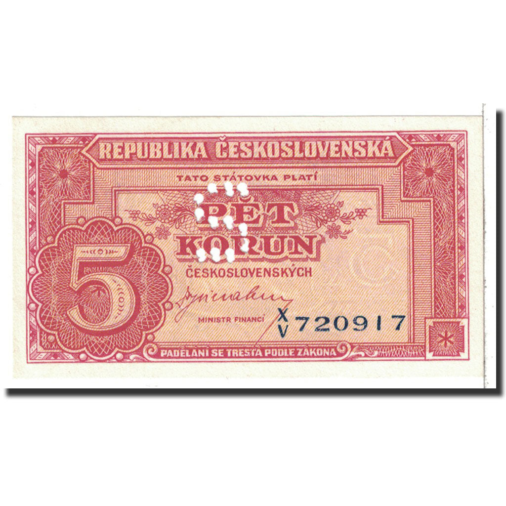 Banknote, Czechoslovakia, 5 Korun, 1945, Undated, KM:59s, UNC(65-70)