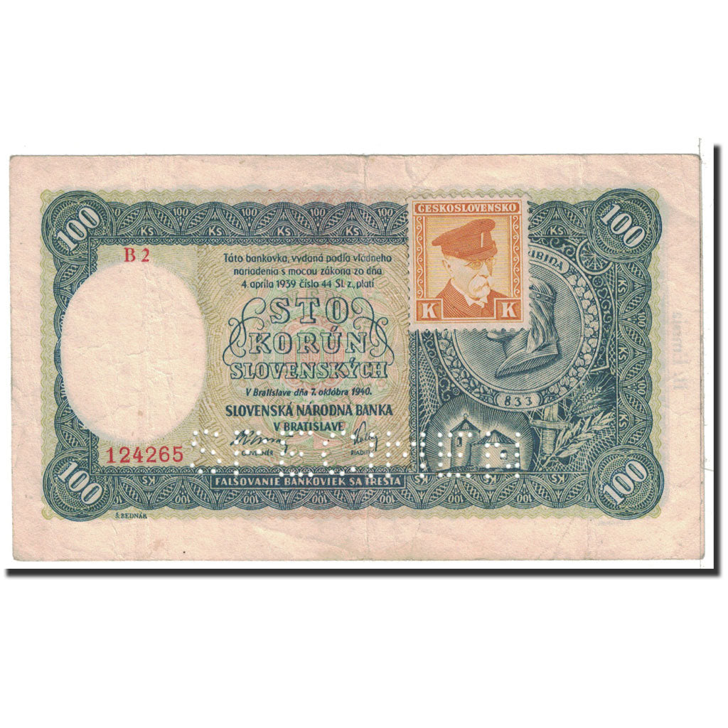 Banknote, Czechoslovakia, 100 Korun, 1940, 1940-10-07, KM:52s, EF(40-45)
