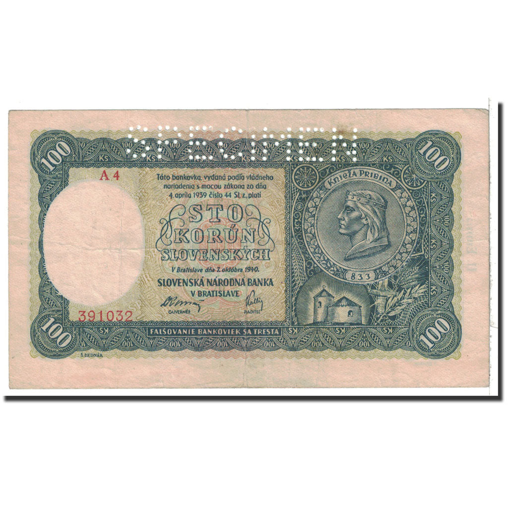 Banknote, Slovakia, 100 Korun, 1940, 1940-10-07, KM:10s, EF(40-45)