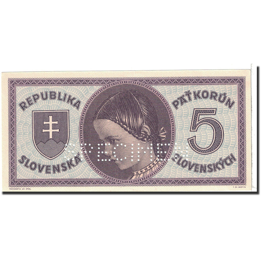 Banknote, Slovakia, 5 Korun, 1945, Undated, KM:8s, UNC(65-70)