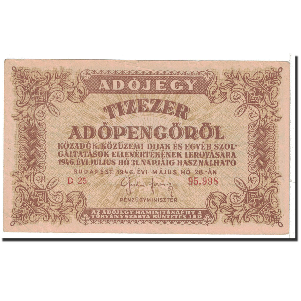 Banconote, Ungheria, 10,000 (Tizezer) Adópengö, 1946, KM:143a, 1946-05-28, BB+