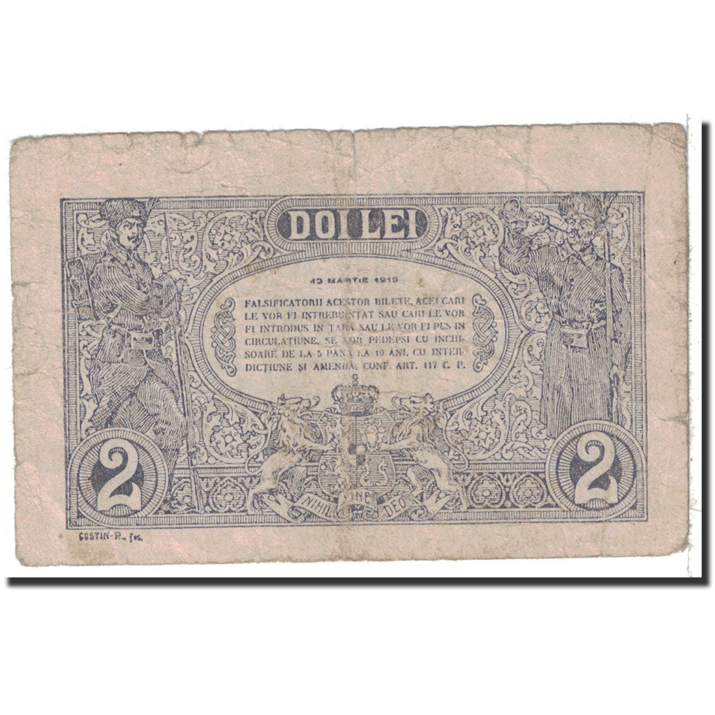 Romania, 2 Lei, 1915, KM:18, 1915-03-12, VG(8-10)