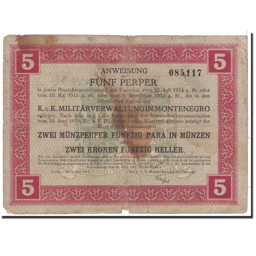 Banknote, Montenegro, 5 Perper = 2 Münzperper 50 Para = 2 Kronen 50 Heller