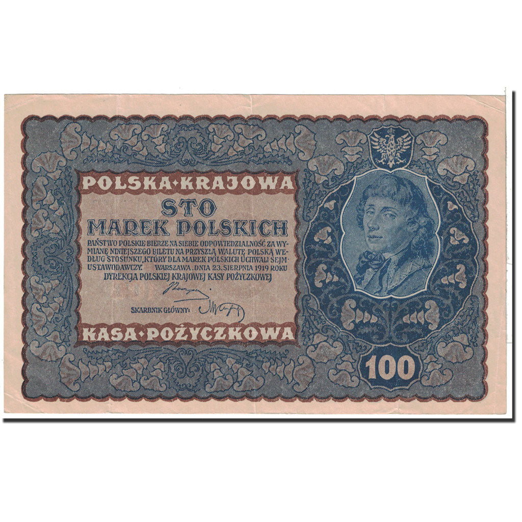 Banknote, Poland, 100 Marek, 1919, 1919-08-23, KM:27, AU(55-58)